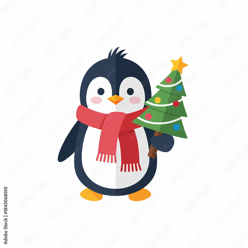 Fototapeta premium Cute Penguin Wearing Red Scarf Holding Christmas Tree.