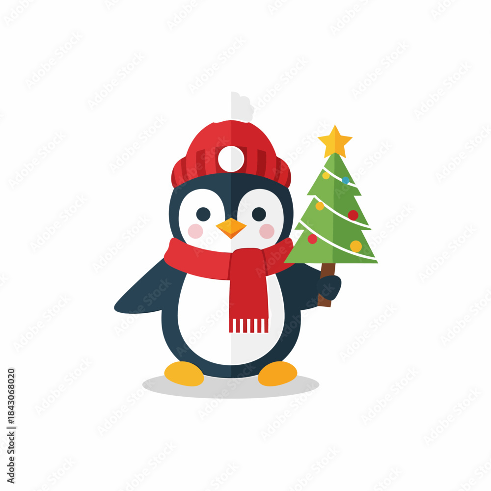 Fototapeta premium Cute Penguin Character Wearing a Red Hat and Scarf Holding a Christmas Tree.