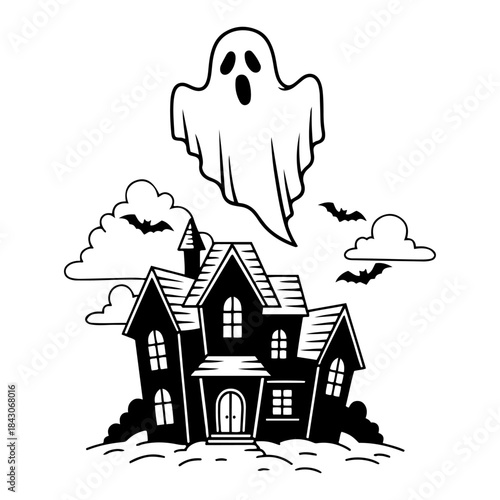 Spooky halloween illustration featuring a ghost over a haunted house and bats