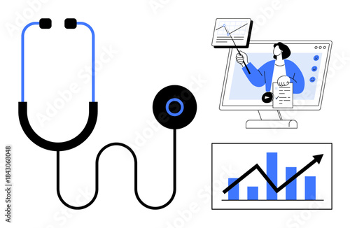 Healthcare concept. Stethoscope medical care, data charts for analysis trends, and online teaching. Healthcare for digital learning, medical progress, telemedicine, diagnostics, research