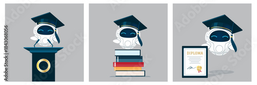 Cute cartoon Robot in student`s hat leaning with AI technology. Robot on top of books-stack, robot speaking at Uni tribune, robot holding a Diploma. Simple flat style design. Vector illustrations set.