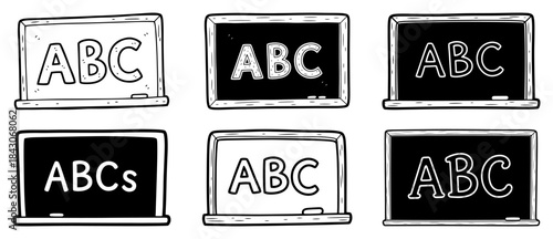 Hand drawn school blackboard icons set with abc letters