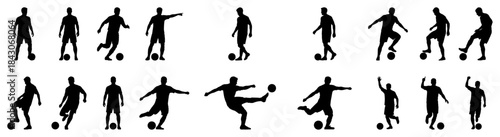 Soccer player action silhouettes set with football ball