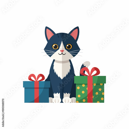 Cute Tuxedo Cat with Christmas Gifts Illustration.