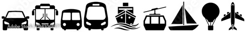 Collection of various black transportation vehicle silhouettes and travel icons