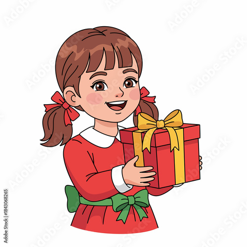 Happy Young Girl Holding a Bright Red Gift Box with a Yellow Bow.