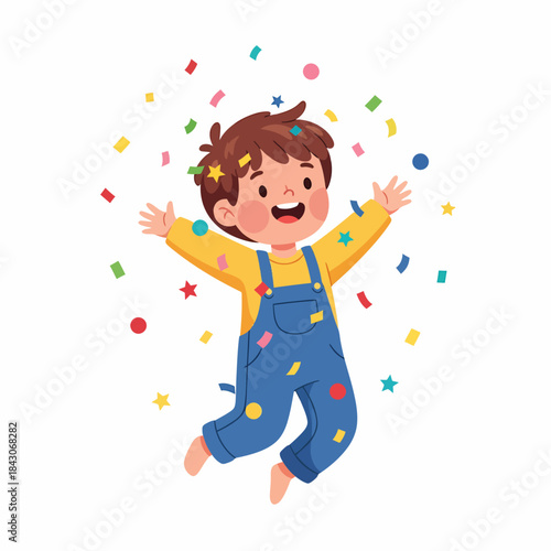 Joyful Young Boy Celebrating with Confetti Falling Around Him.