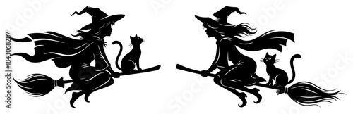 Flying witch silhouettes on broomstick with black cat for halloween design