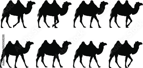 Four Different Black and White Santa Claus Silhouettes, Posing with Christmas Elements, Traditional Holiday Vector Illustration Set, Isolated on White Background.