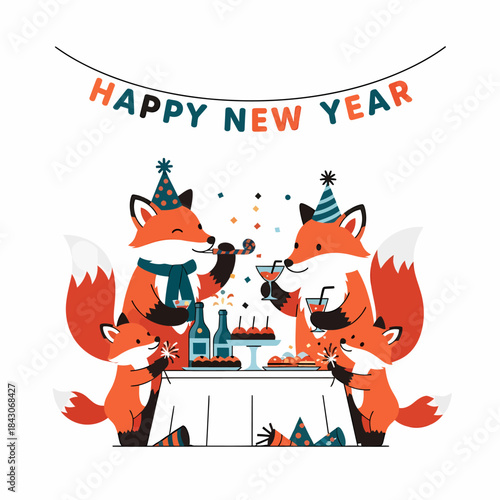 Cute Fox Family Celebrating New Years Eve Party Together.