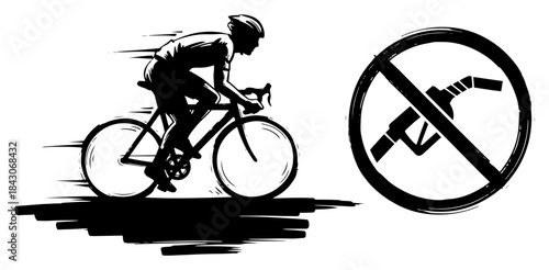 Fast cyclist riding next to a forbidden fuel pump sign for eco concept