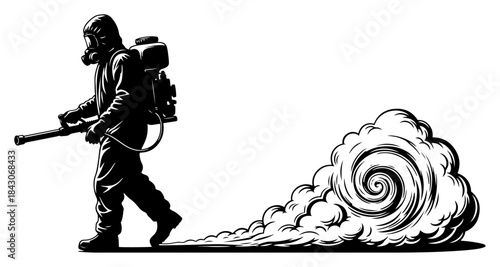 Person in protective hazmat suit spraying chemical disinfectant cloud or toxic gas