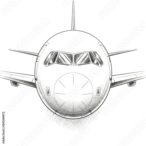 Top-down view of commercial airplane cockpit and wings with detailed line art