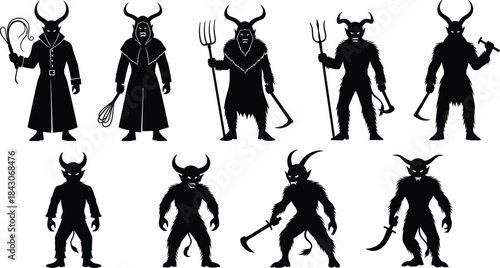 Set of Black Krampus Silhouettes, Featuring Horned Demon Figures with Weapons, Traditional Christmas Folklore and Evil Character Vector Graphics, Isolated on White.