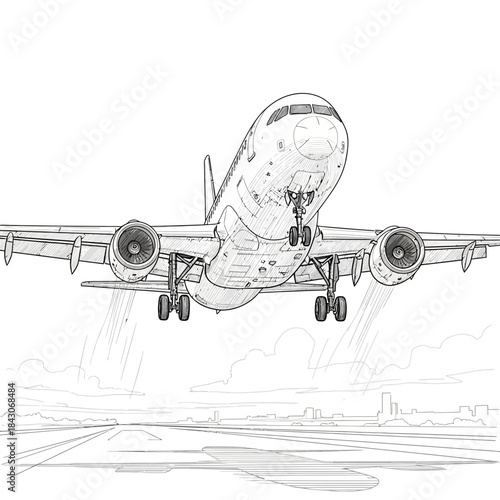 airplane approaching runway for landing with detailed sketch illustration in monochrome style