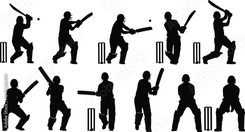 Set of Black Cricket Batsman Silhouettes, Featuring Various Batting and Stance Poses with Wicket Stumps, Sports Game Vector Illustration Graphics, Isolated on White.