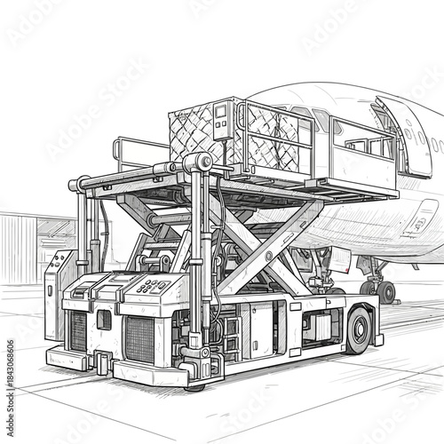Detailed sketch of an airplane being serviced with ground equipment at an airport gate