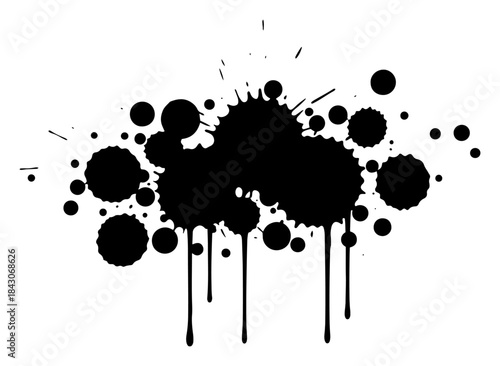 Abstract black ink splatter with dripping paint drops in grunge style