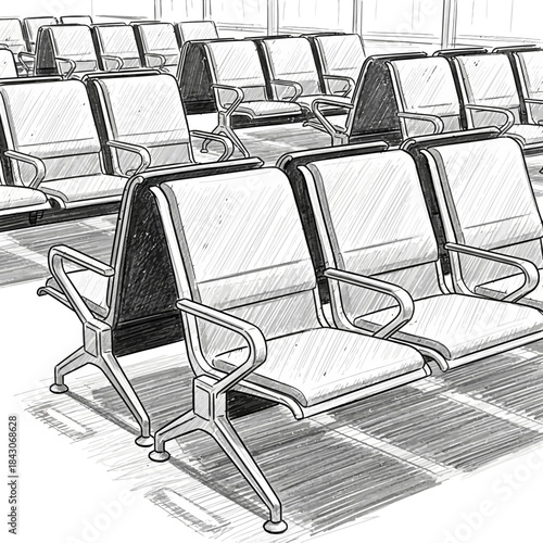 Empty airport or train station seating arrangement with rows of chairs in grayscale