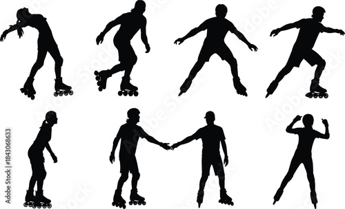 Set of Black Roller Skating Silhouettes, Featuring People Skating and Performing Various Action Poses, Extreme Sport Vector Illustration Graphics, Isolated on White.