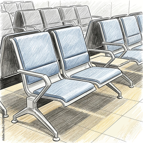 Empty airport or train station waiting area with blue cushioned seats and metal armrests inside a
