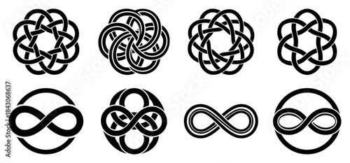 Set of black celtic knots and infinity symbols on white background