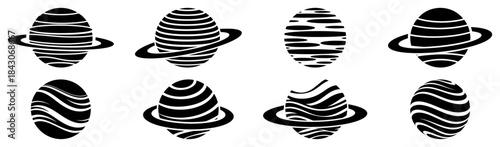 Collection of stylized striped planets with rings representing Saturn