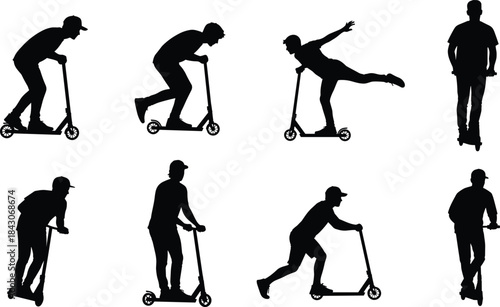 Set of Black Scooter Rider Silhouettes, Featuring Various Active Poses and Stunts on Kick Scooters, Extreme Sport Vector Illustration Graphics, Isolated on White.