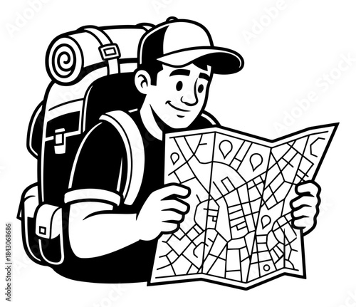 Male hiker with backpack holding a map for navigation during travel