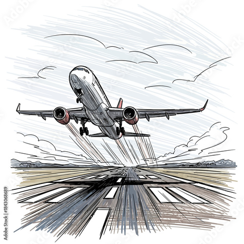 illustration of a commercial airplane taking off from a runway with dynamic sketch style and