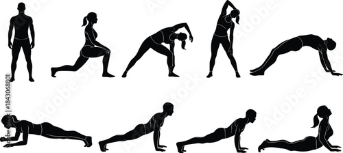 Set of Black Silhouettes of People Performing Yoga and Exercise Poses, Including Lunges, Planks, and Cobra Stretch, Vector Illustration Collection, Isolated on White.