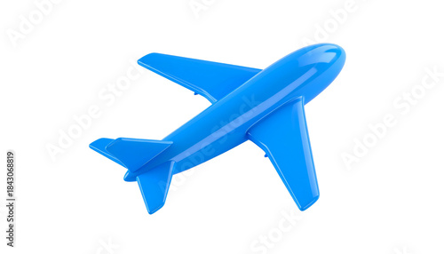 A glossy, vibrant blue airplane flies against a stark black background, angled upwards