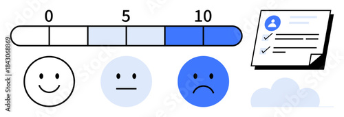 Horizontal rating bar with scales from 0 to 10, emoticons for satisfaction levels, checklist, and cloud icon. Ideal for feedback, evaluation, survey, satisfaction, rating productivity