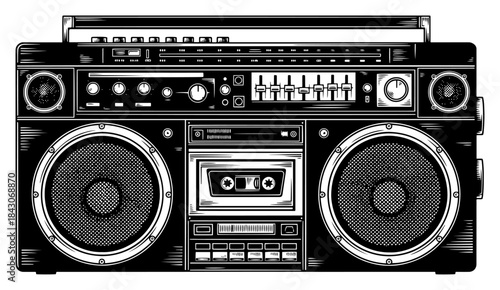 Detailed retro boombox radio cassette player illustration in vintage engraving style