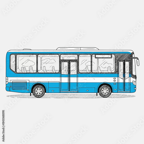 Modern blue city bus illustration with detailed interior and exterior views