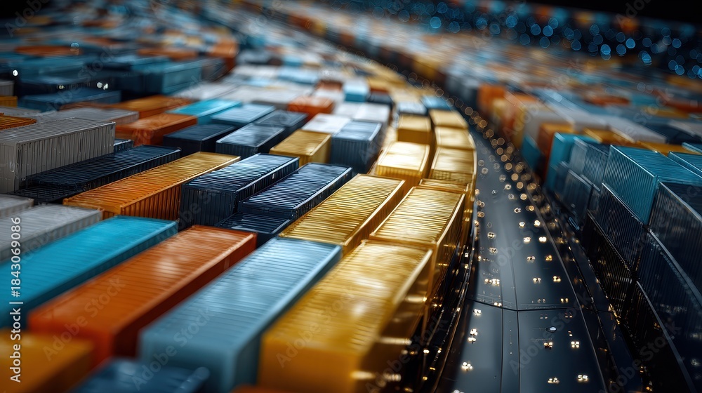 Obraz premium Container ship, glossy cargo modules arranged in curved patterns, 3D illustration. 