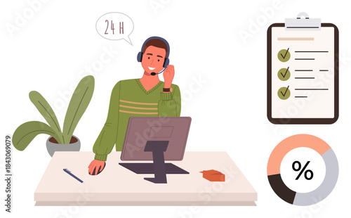 Customer service agent wearing a headset works at a desk with a computer, checklist on clipboard, and pie chart. Ideal for customer service, support center, call center, productivity, workflow