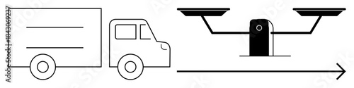 Transportation, logistics, freight management, weight measurement, supply chain, road shipping. Graphic of a cargo truck and a scale. Transportation and logistics concept