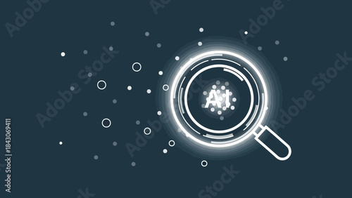 A glowing magnifying glass examining artificial intelligence (AI) text surrounded by digital data particles on a dark background.