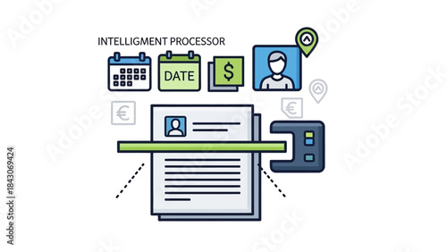 An illustration depicting an intelligent processor scanning a document to extract various data points like dates, financial information, and personal details.