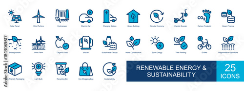 Renewable Energy And Sustainability Icon Set Collection. Covers Solar Panel, Wind Turbine, Hydro power, Electric Car, Charging Station. Simple Vector Blue Illustration
