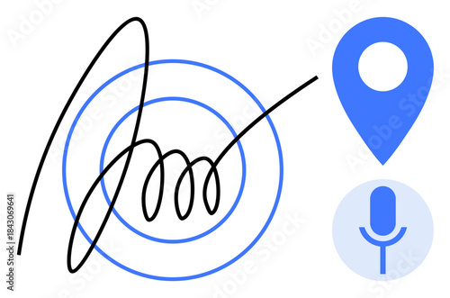 Digital identity, geolocation, authentication, voice recognition, online services, cybersecurity. Signature with concentric circles, GPS pin and microphone. Digital identity and geolocation concepts