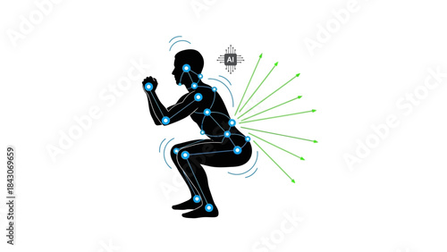 A digital representation of a human figure performing a squat exercise with joint tracking points and radiating lines indicating movement or data.