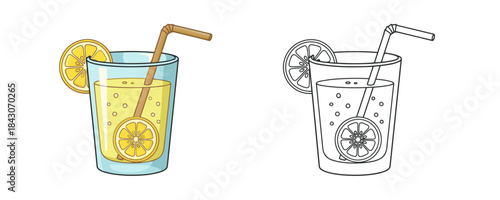 Glasses of refreshing lemonade with lemon slices and a straw, one colored and one black and white outline vector illustration for a summer drink menu