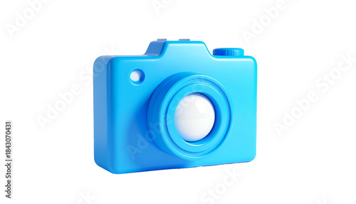 A 3D rendered, light blue cartoon camera with a large white lens, set against black