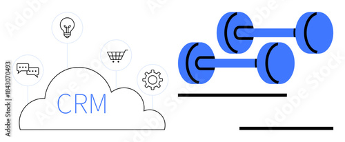 Cloud labeled CRM linked to icons thumbs up ideas, chat, cart, gear, and blue dumbbells. Ideal for business strategy, productivity, fitness teamwork innovation marketing self-improvement. A