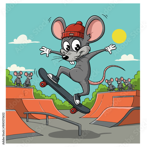 cartoon skateboarding mouse doing trick in sunny skate park with friends watching fun kids sports illustration for posters and books