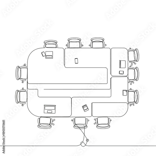 conference room table top view with office chairs and devices in minimalist continuous line drawing ideal for business presentation layouts