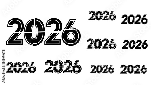 Black and white 2026 numbers designs variations for graphic resources