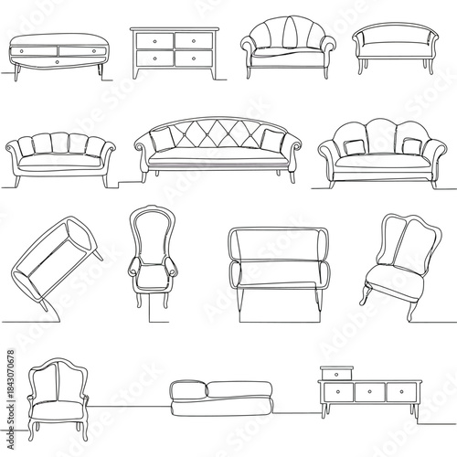 continuous line drawing set of sofas chairs and sideboards for modern interior design minimalist furniture outline vector illustration